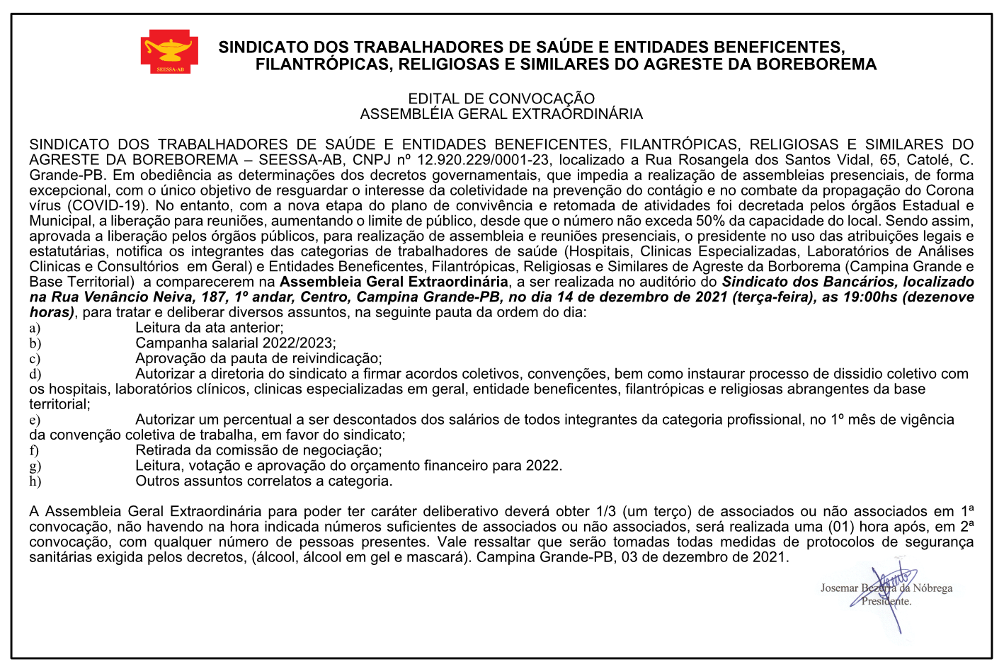 SEESSA-AB – EDITAL DE CONVOCAÇÃO – ASSEMBLÉIA GERAL EXTRAORDINÁRIA