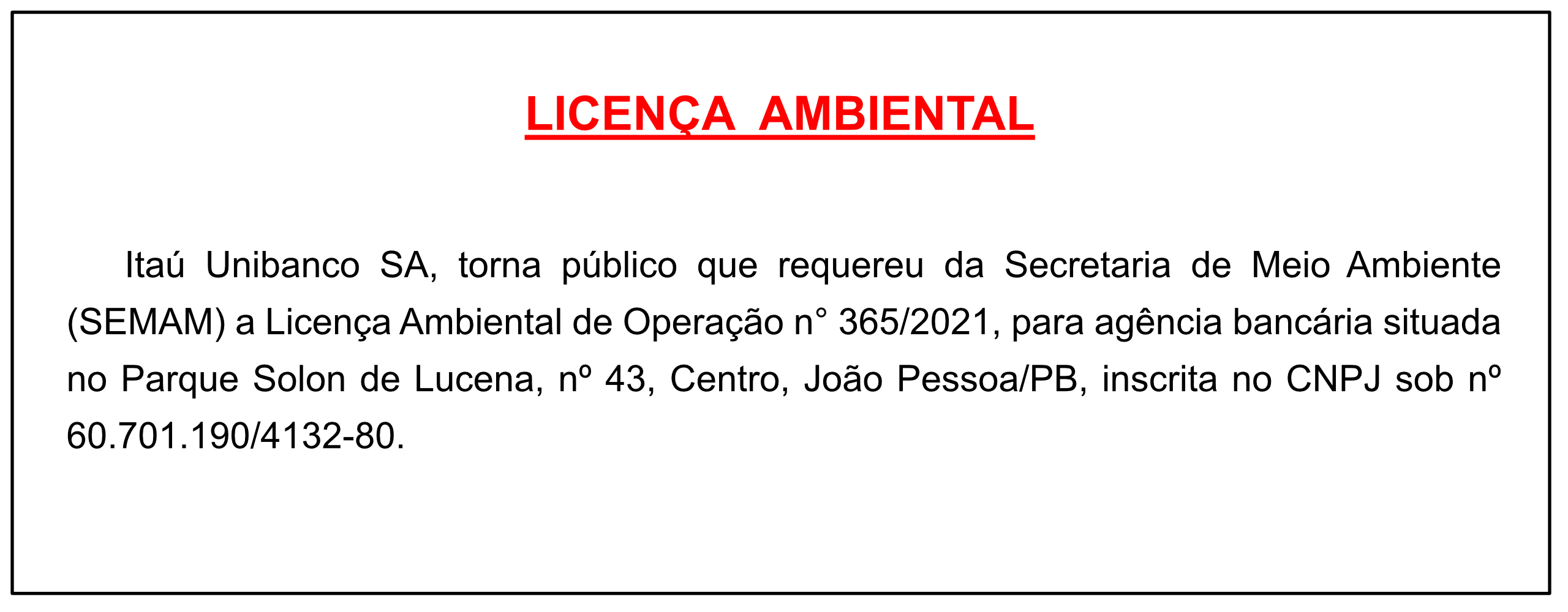 Itaú Unibanco SA – Licença Ambiental