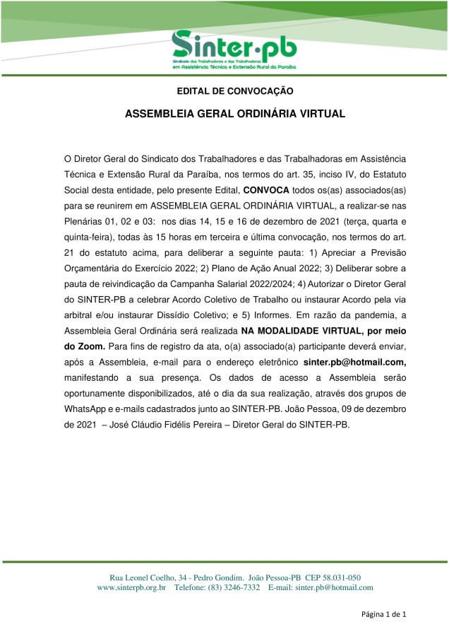 SINTER/PB – Edital de Convocação – Assembleia Geral Ordinária Virtual