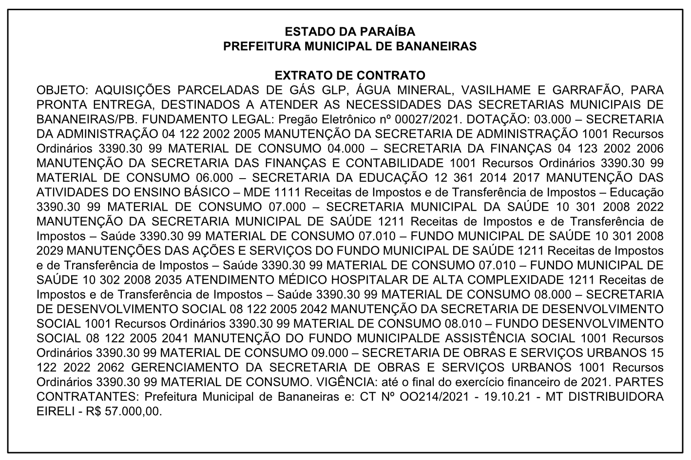 PREFEITURA MUNICIPAL DE BANANEIRAS – EXTRATO DE CONTRATO