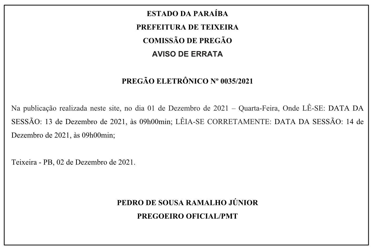 PREFEITURA DE TEIXEIRA – AVISO DE ERRATA – PREGÃO ELETRÔNICO Nº 0035/2021