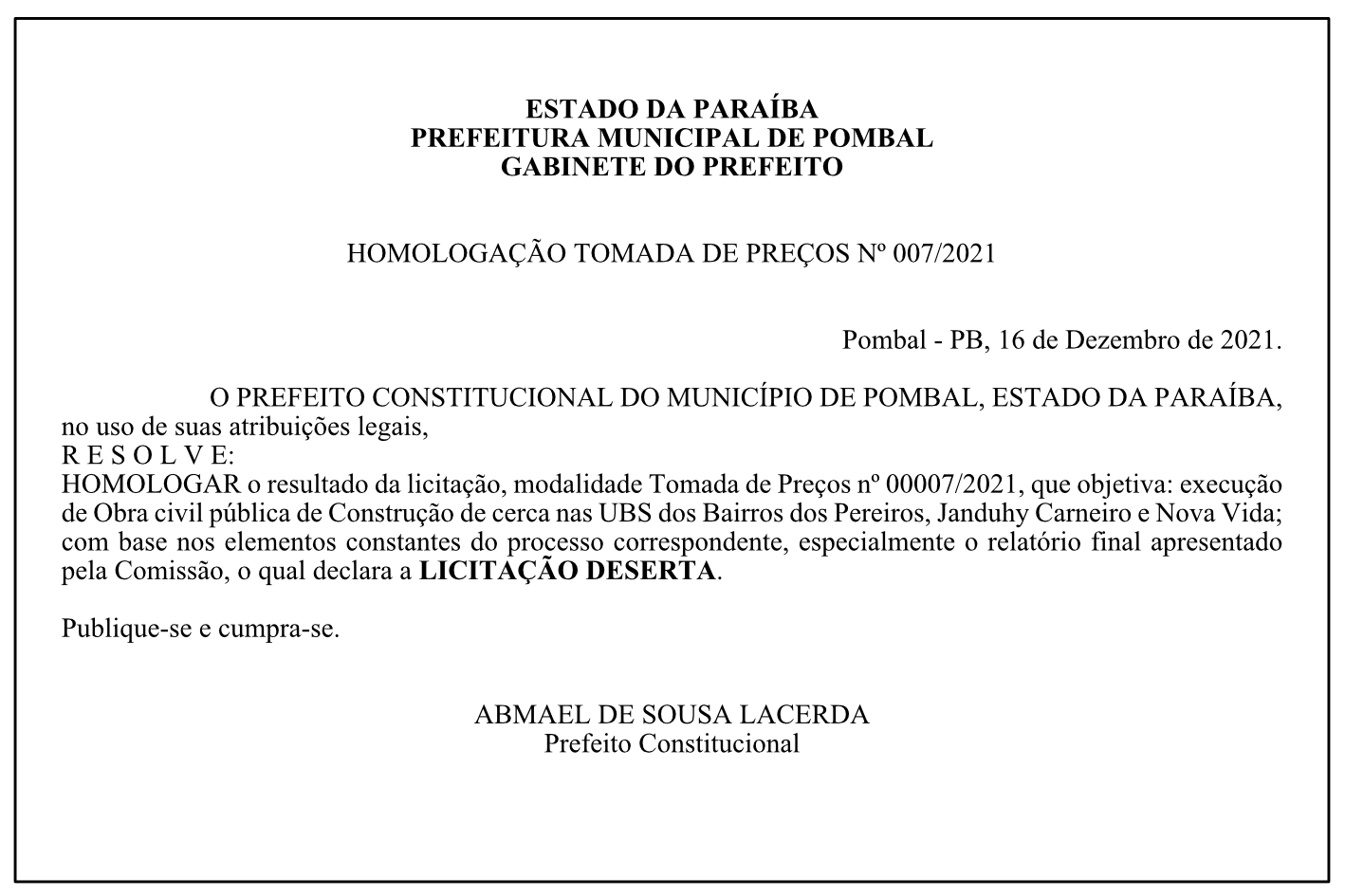 PREFEITURA MUNICIPAL DE POMBAL – HOMOLOGAÇÃO – TOMADA DE PREÇOS Nº 007/2021
