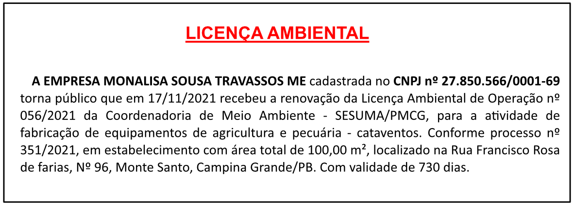 MONALISA SOUSA TRAVASSOS ME – LICENÇA AMBIENTAL