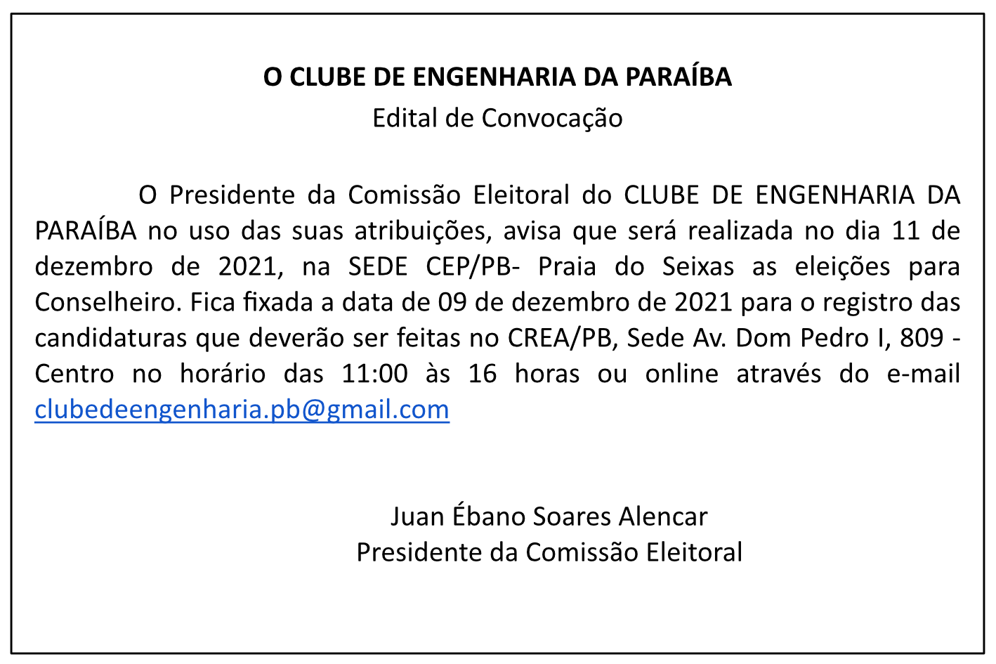 CLUBE DE ENGENHARIA DA PARAÍBA – EDITAL DE CONVOCAÇÃO