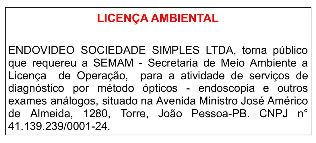 ENDOVIDEO SOCIEDADE SIMPLES LTDA – LICENÇA AMBIENTAL