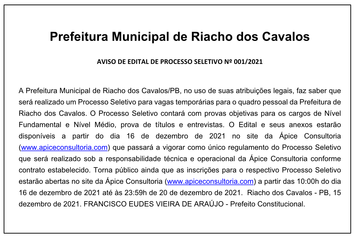 PREFEITURA DE RIACHO DOS CAVALOS – AVISO DE EDITAL DE PROCESSO SELETIVO Nº 001/2021