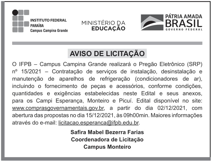 IFPB – PB – MONTEIRO – AVISO DE LICITAÇÃO (Pregão Eletrônico (SRP) Nº 15/2021)