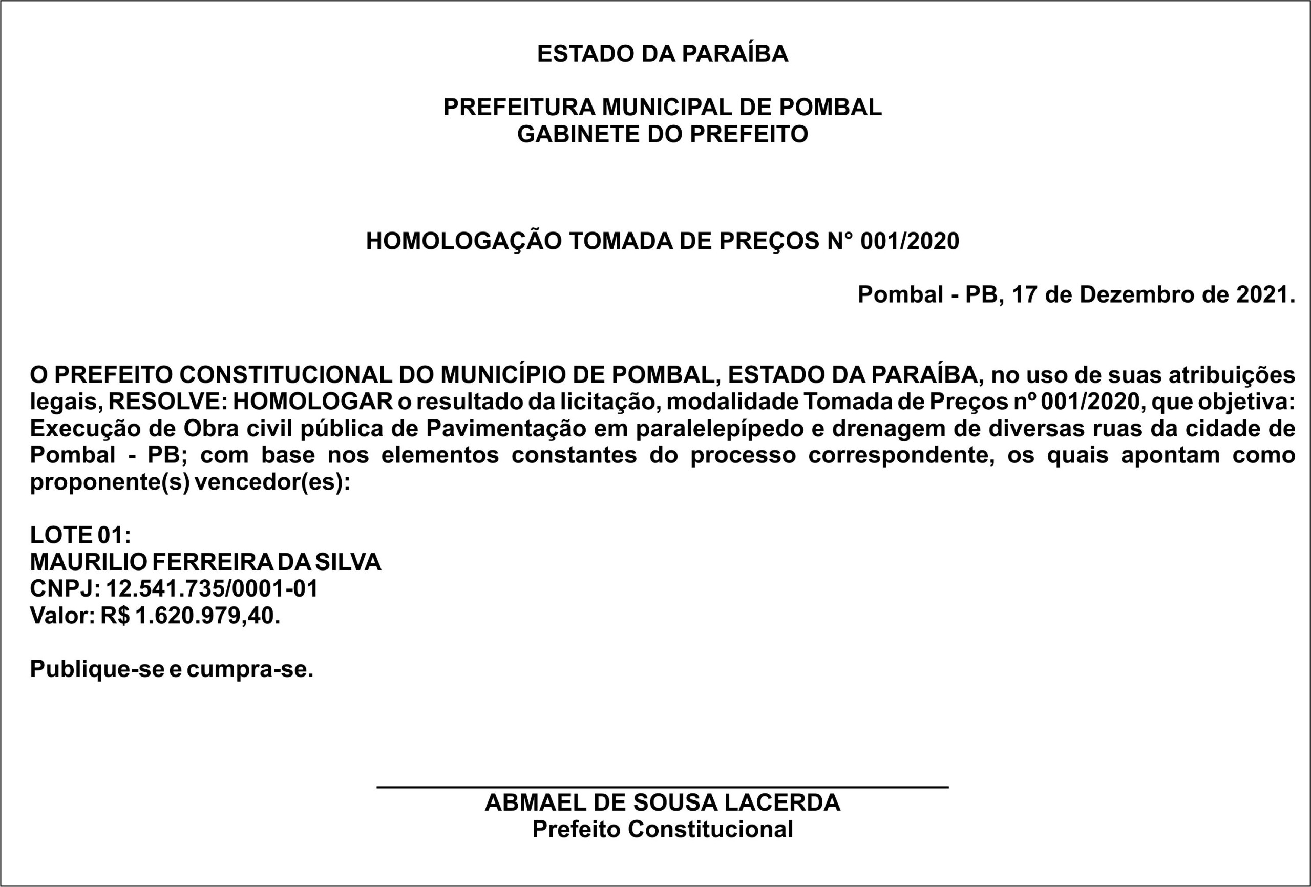 PREFEITURA MUNICIPAL DE POMBAL – GABINETE DO PREFEITO – HOMOLOGAÇÃO – TOMADA DE PREÇOS N° 001/2020