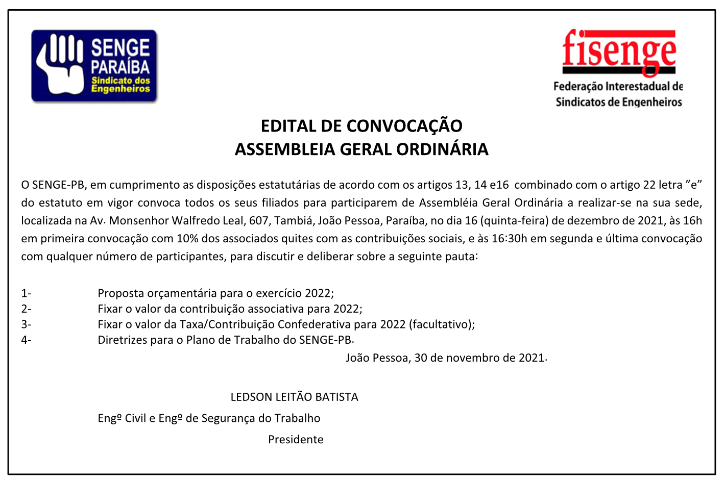 SENGE/PB – EDITAL DE CONVOCAÇÃO – ASSEMBLEIA GERAL ORDINÁRIA