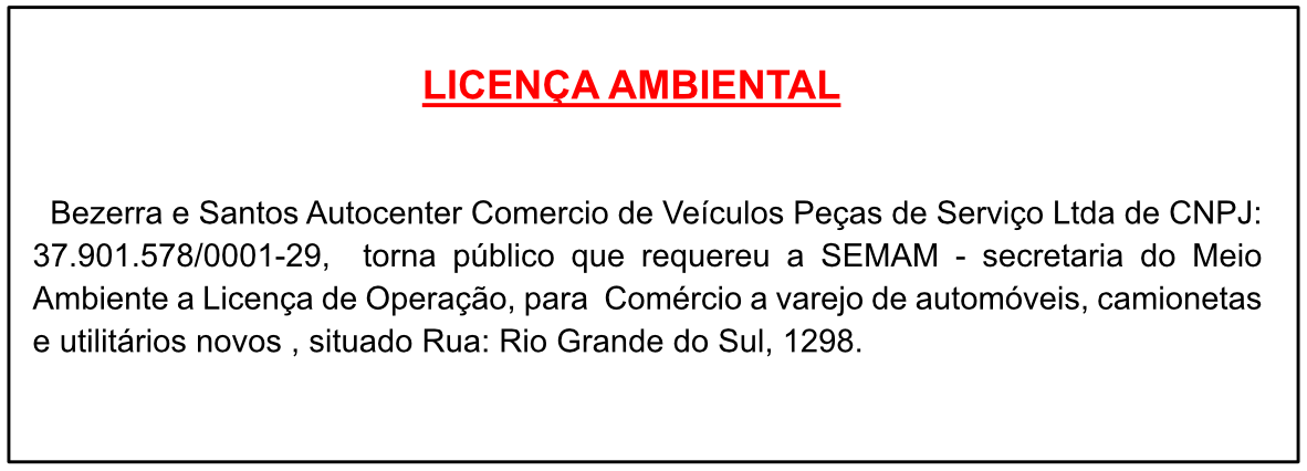 Bezerra e Santos Autocenter Comercio de Veiculos Peças de Serviço Ltda – Licença Ambiental