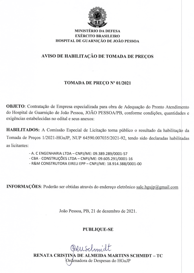 HOSPITAL DE GUARNIÇÃO DE JOÃO PESSOA – AVISO DE HABILITAÇÃO DE TOMADA DE PREÇOS – TOMADA DE PREÇO Nº 01/2021