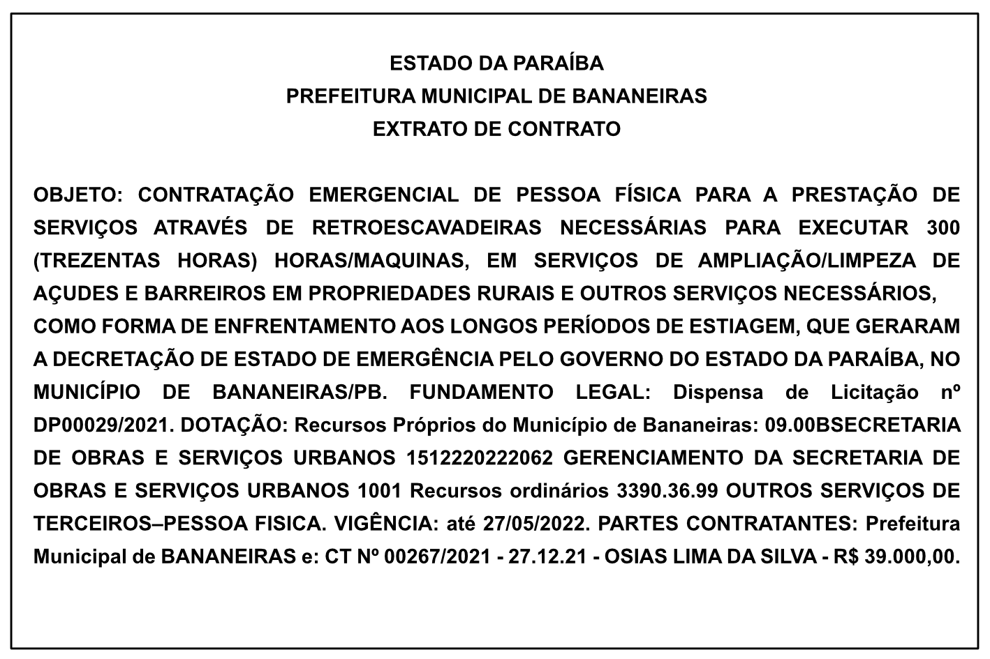 PREFEITURA MUNICIPAL DE BANANEIRAS – EXTRATO DE CONTRATO