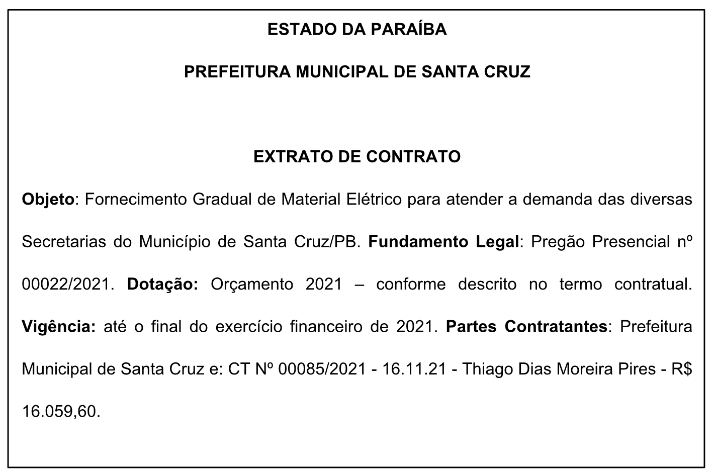 PREFEITURA MUNICIPAL DE SANTA CRUZ – EXTRATO DE CONTRATO