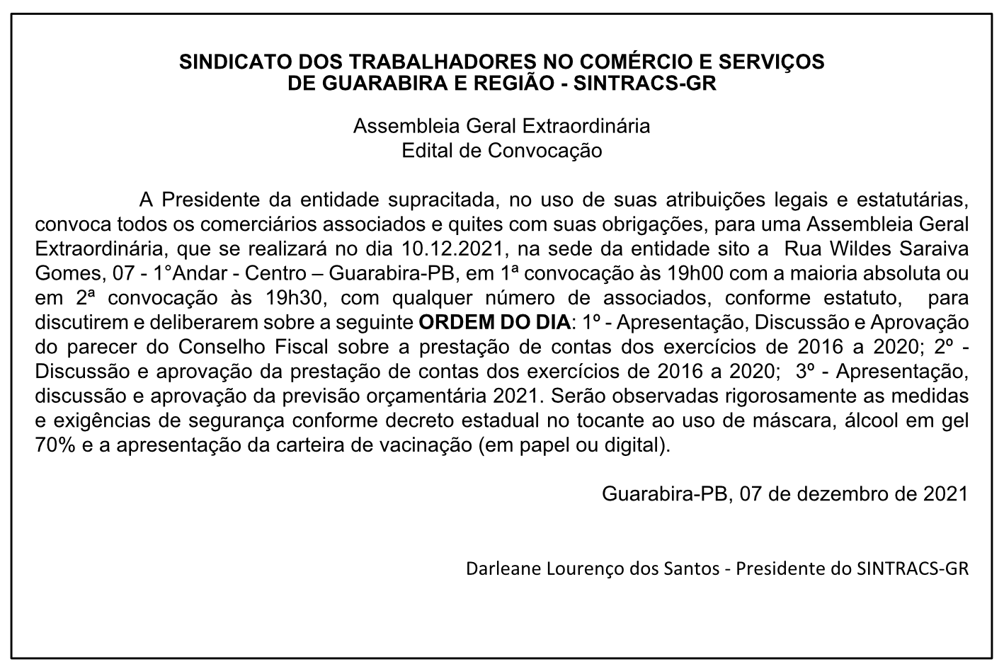 SINTRACS-GR  – Assembleia Geral Extraordinária – Edital de Convocação