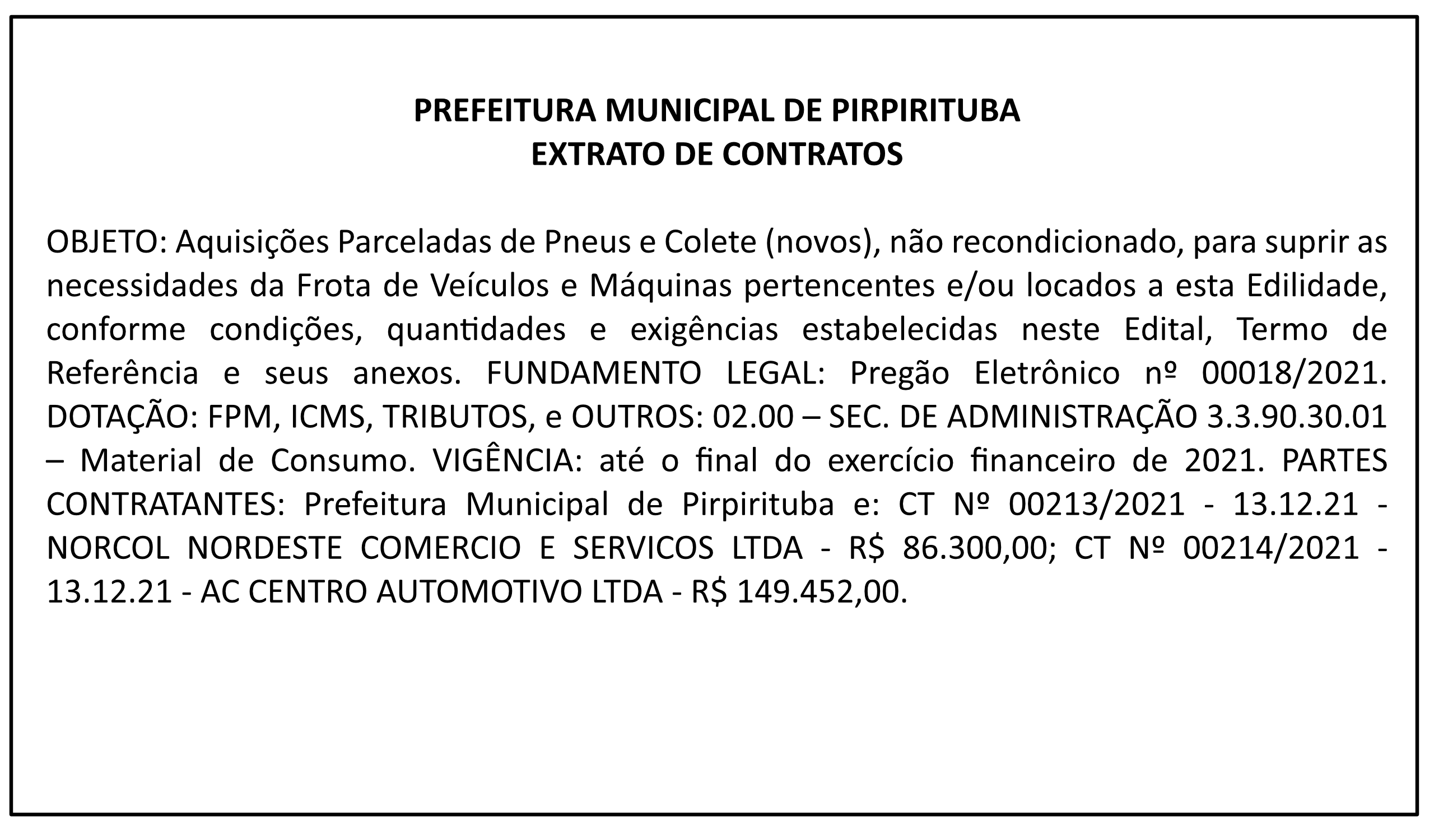 PREFEITURA MUNICIPAL DE PIRPIRITUBA – EXTRATO DE CONTRATOS