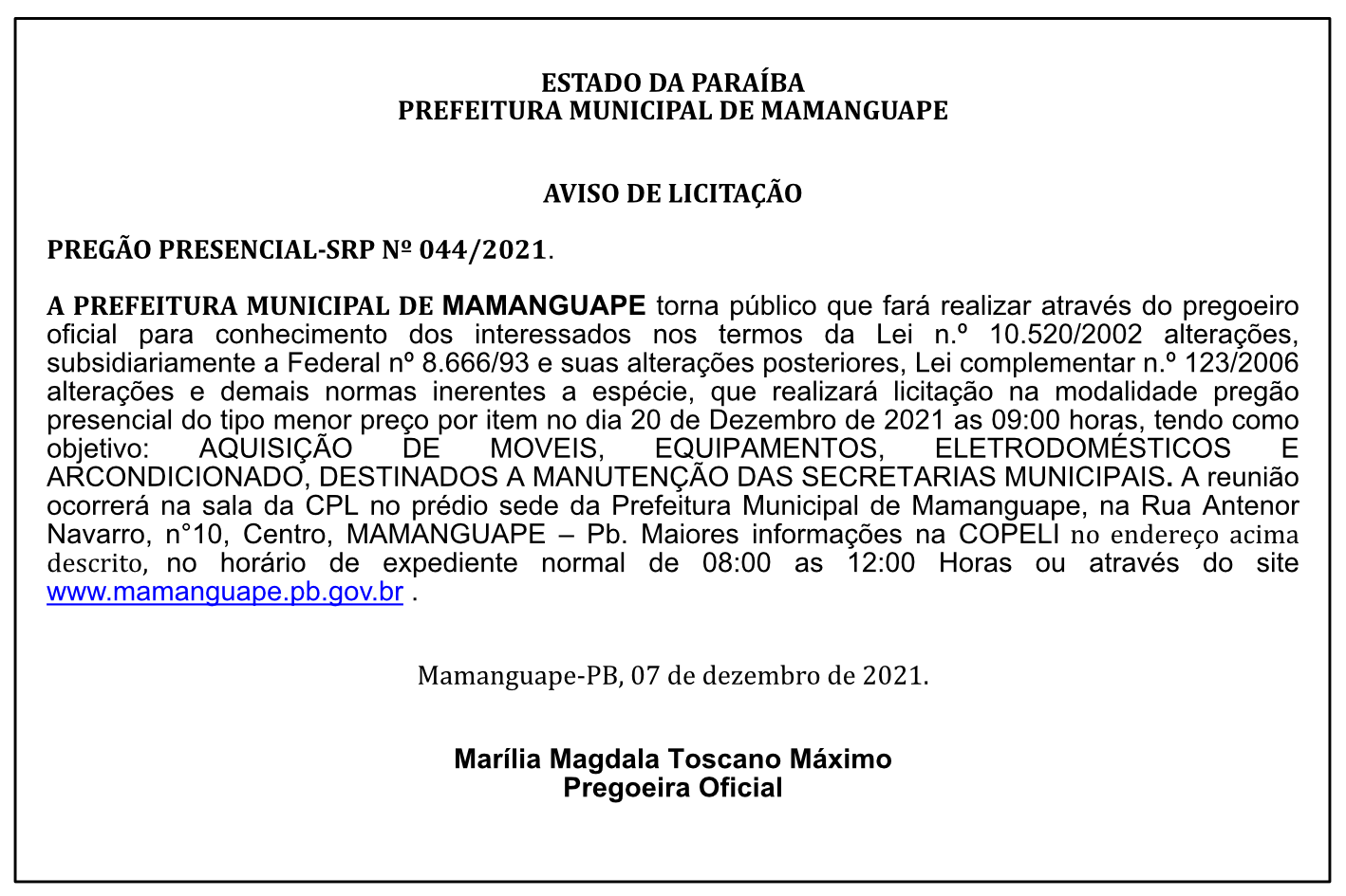 PREFEITURA MUNICIPAL DE MAMANGUAPE – AVISO DE LICITAÇÃO – PREGÃO PRESENCIAL-SRP Nº 044/2021