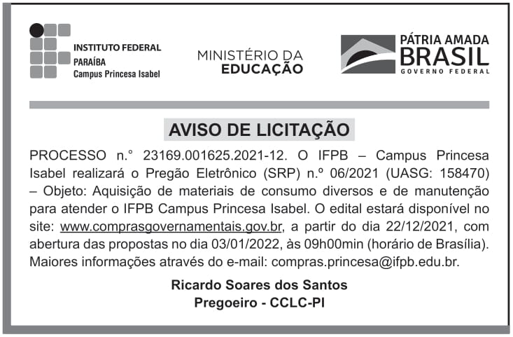 IFPB – PB – CAMPUS PRINCESA ISABEL – AVISO DE LICITAÇÃO – PREGÃO ELETRÔNICO Nº 6/2021 – UASG 158470
