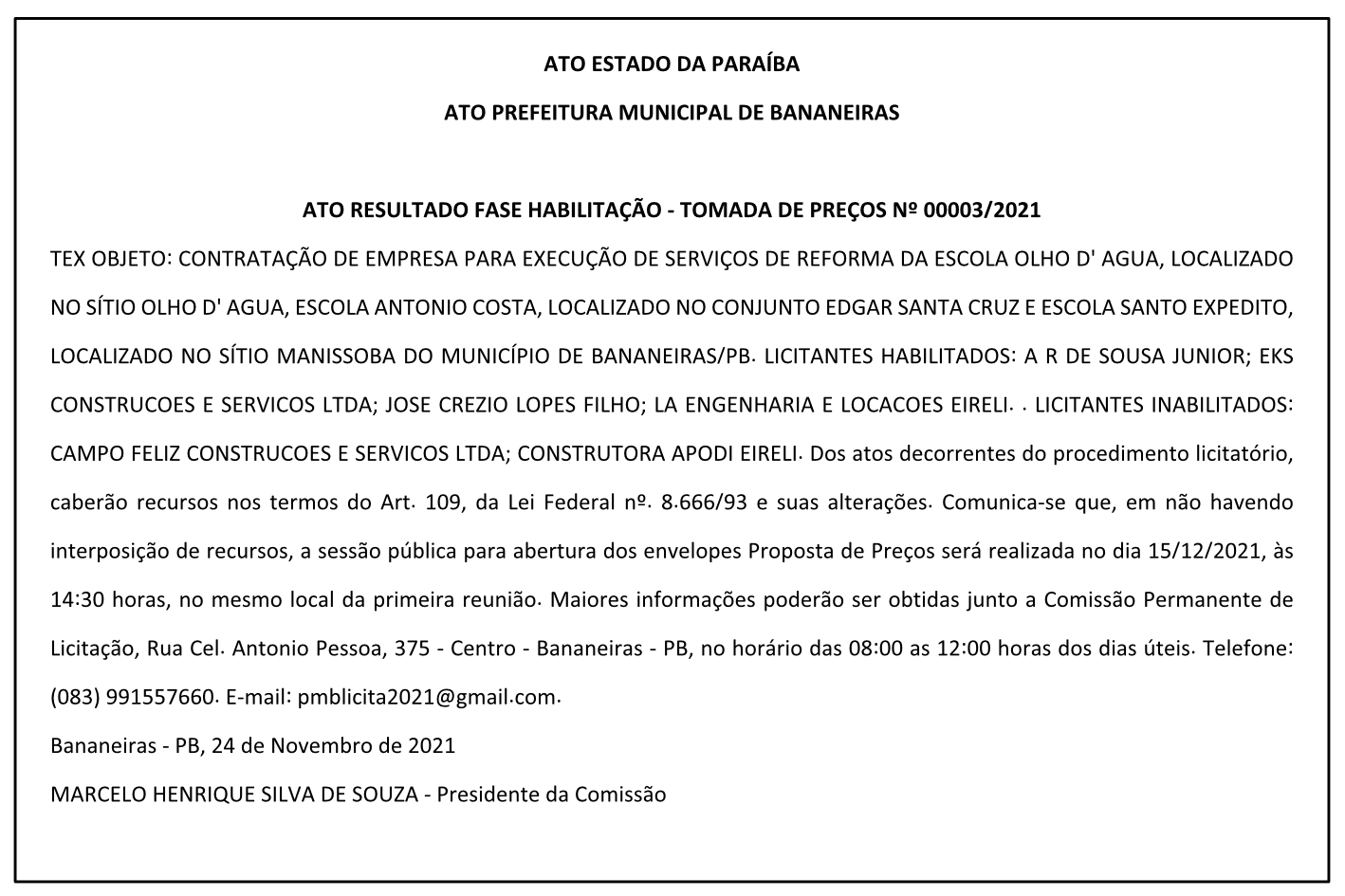PREFEITURA MUNICIPAL DE BANANEIRAS – RESULTADO FASE HABILITAÇÃO – TOMADA DE PREÇOS Nº 00003/2021