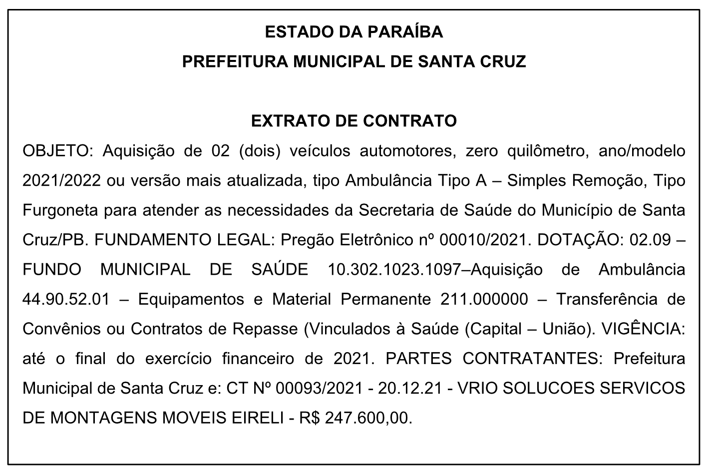 PREFEITURA MUNICIPAL DE SANTA CRUZ – EXTRATO DE CONTRATO