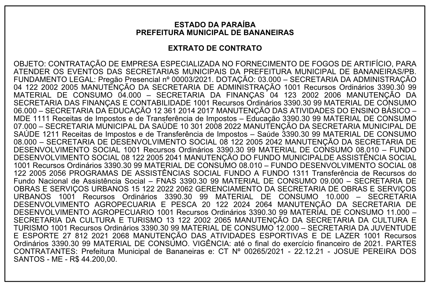 PREFEITURA MUNICIPAL DE BANANEIRAS – EXTRATO DE CONTRATO
