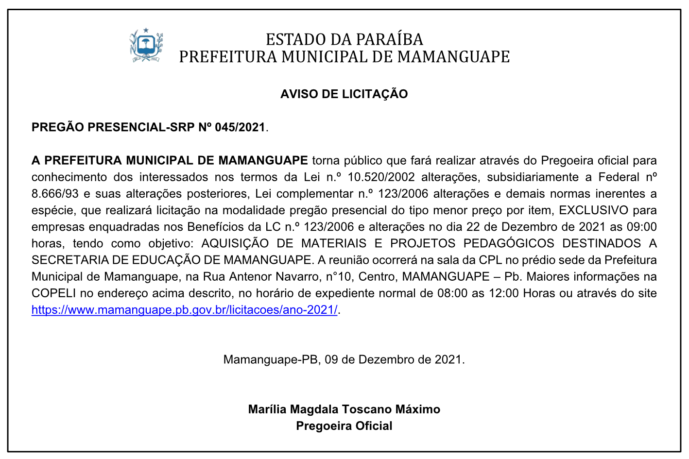 PREFEITURA MUNICIPAL DE MAMANGUAPE – AVISO DE LICITAÇÃO – PREGÃO PRESENCIAL-SRP Nº 045/2021
