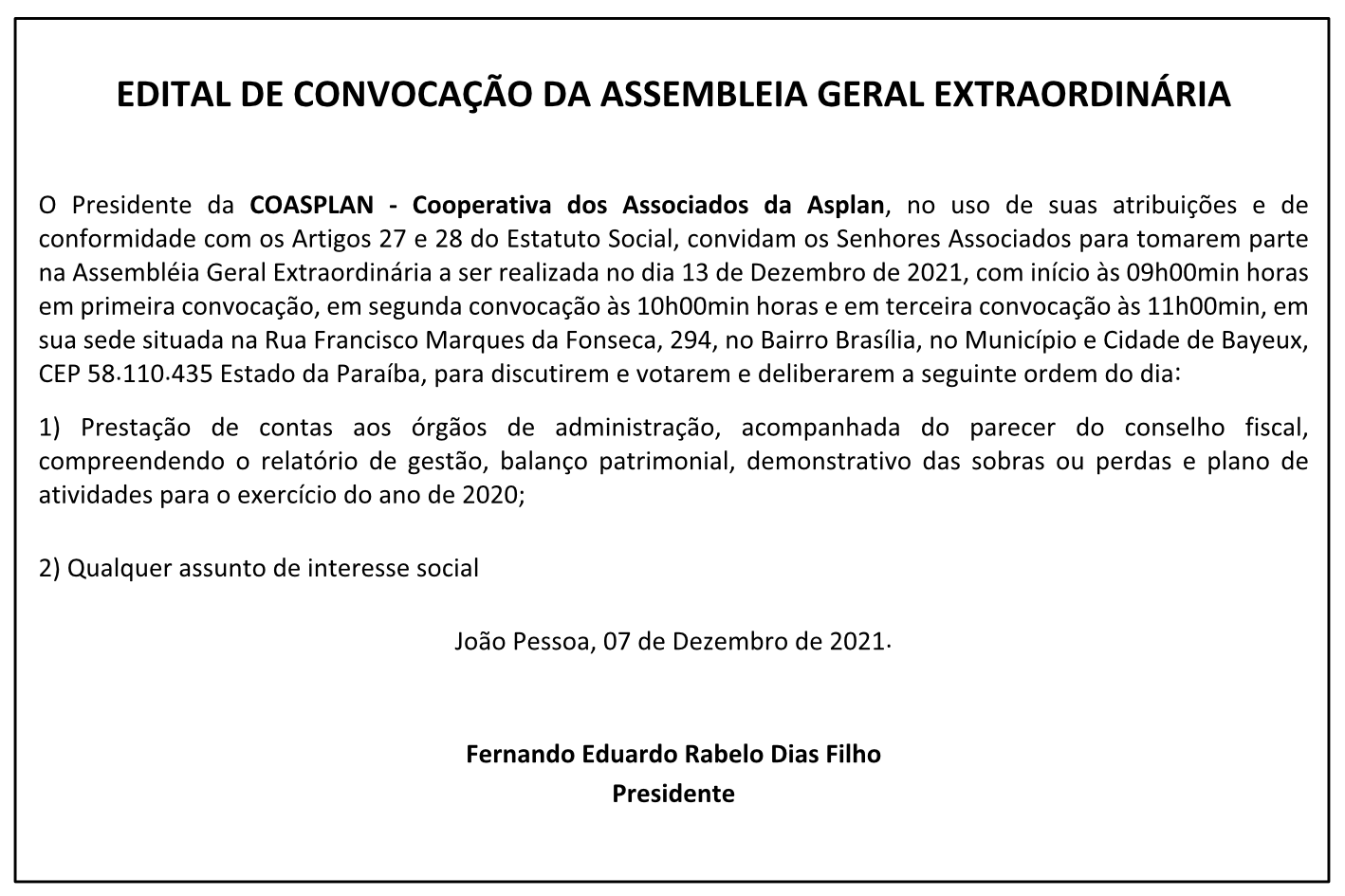 COASPLAN – EDITAL DE CONVOCAÇÃO DA ASSEMBLEIA GERAL EXTRAORDINÁRIA
