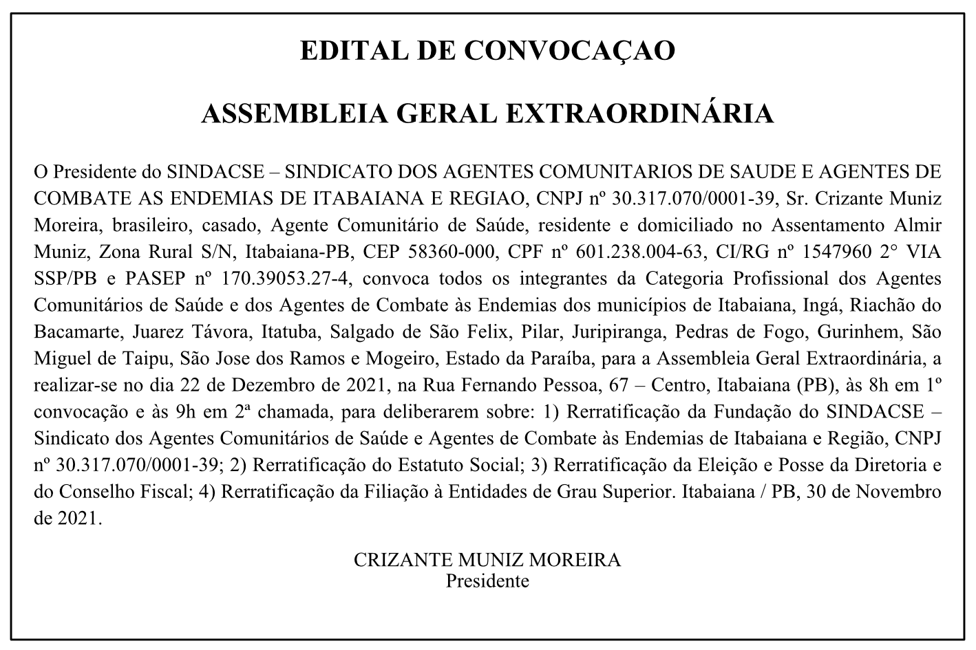 SINDACSE – EDITAL DE CONVOCAÇÃO – ASSEMBLEIA GERAL EXTRAORDINÁRIA
