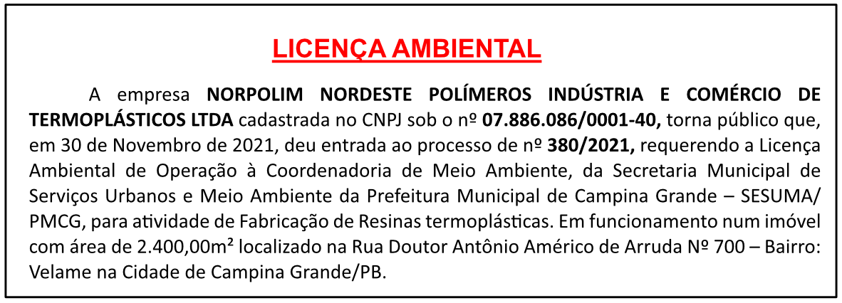 NORPOLIM NORDESTE POLÍMEROS INDÚSTRIA E COMÉRCIO DE TERMOPLÁSTICOS LTDA – LICENÇA AMBIENTAL