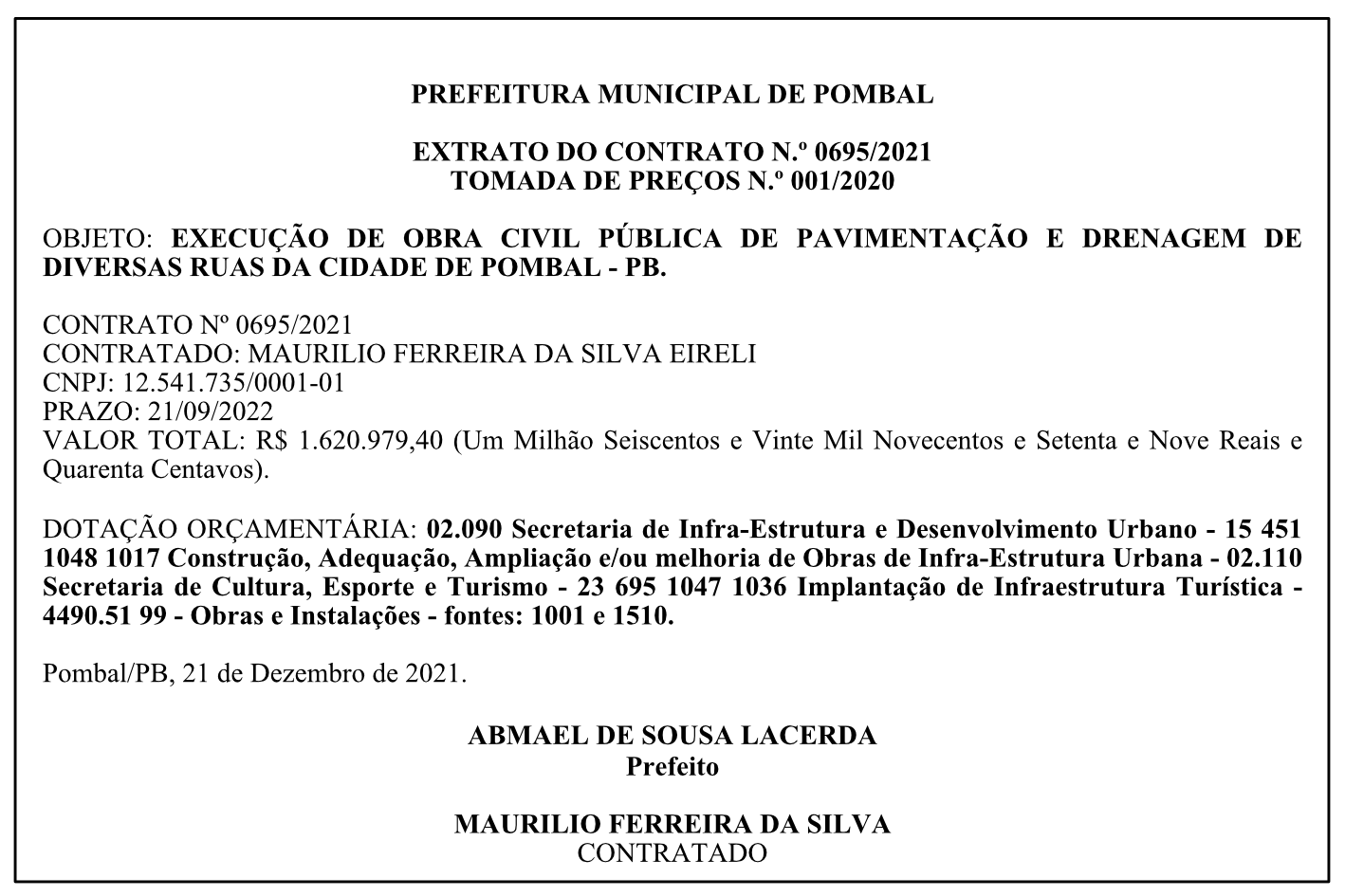 PREFEITURA DE POMBAL – EXTRATO DO CONTRATO N.º 0695/2021 – TOMADA DE PREÇOS N.º 001/2020
