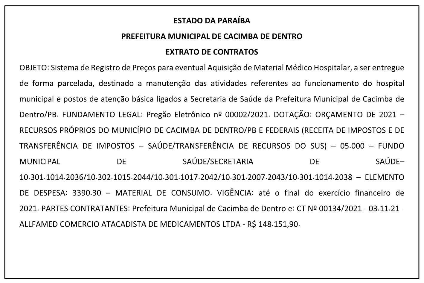 PREFEITURA MUNICIPAL DE CACIMBA DE DENTRO – EXTRATO DE CONTRATOS