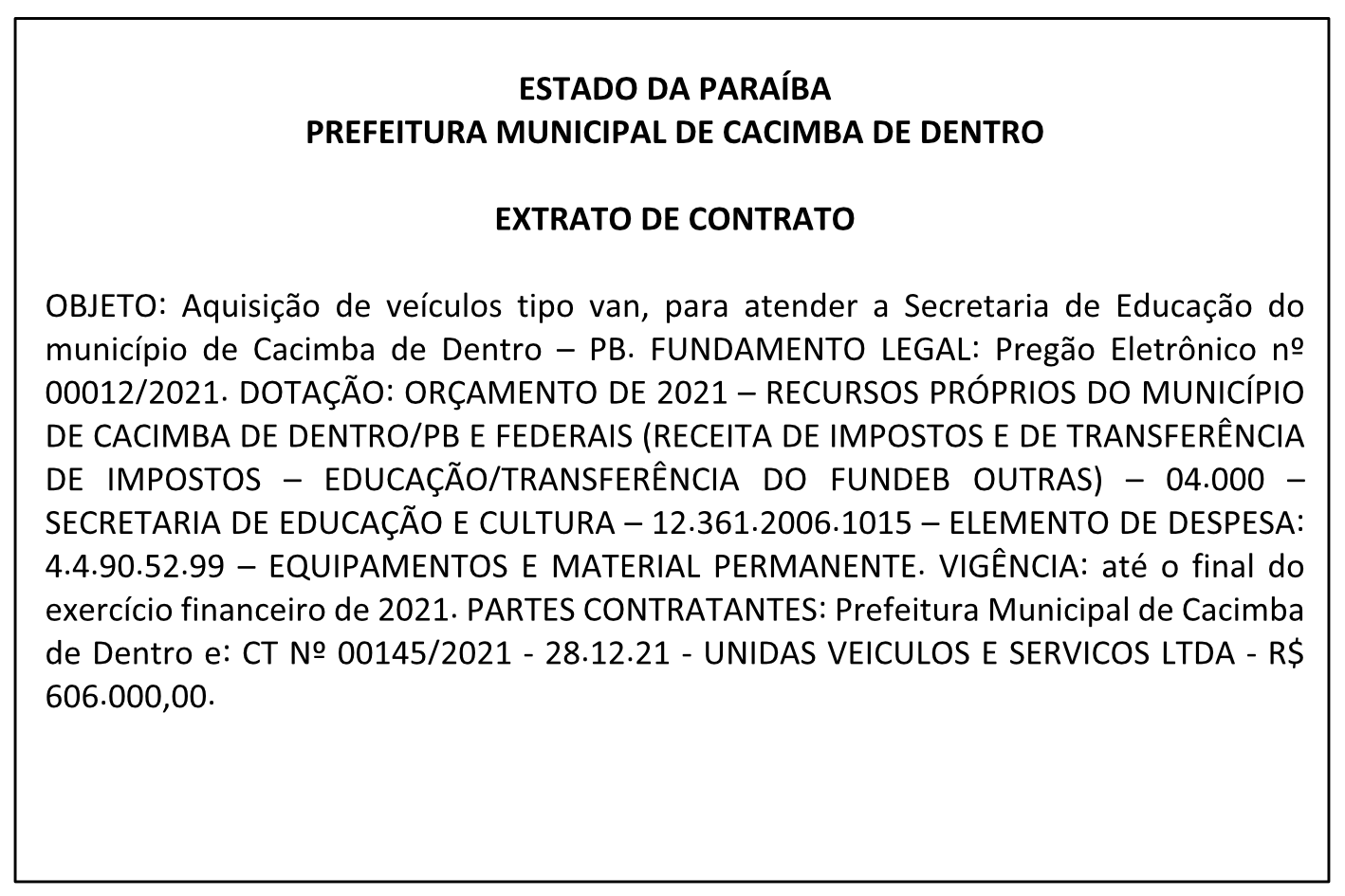 PREFEITURA MUNICIPAL DE CACIMBA DE DENTRO – EXTRATO DE CONTRATO