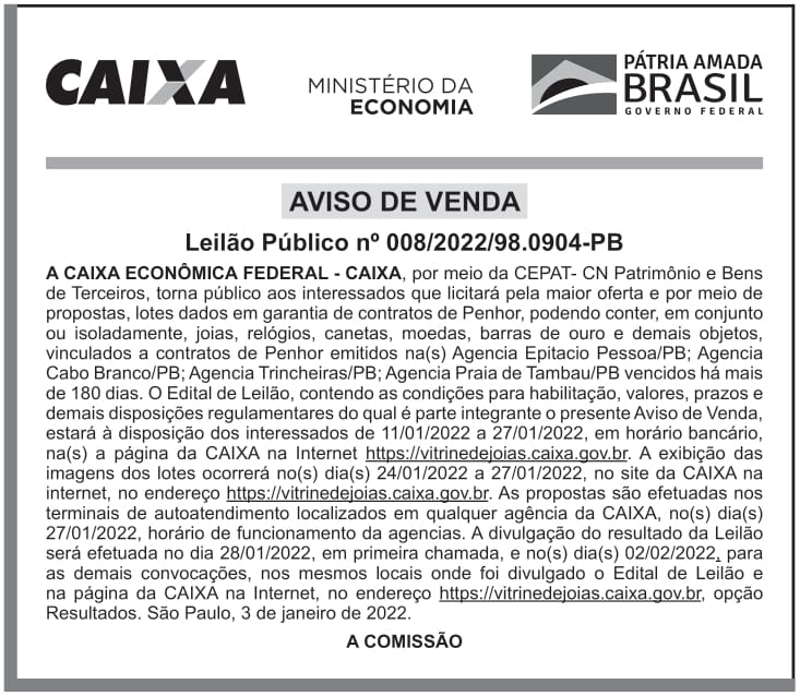 CAIXA ECONÔMICA FEDERAL – AVISO DE VENDA – LEILÃO PÚBLICO Nº 008/2022/98.0904-PB