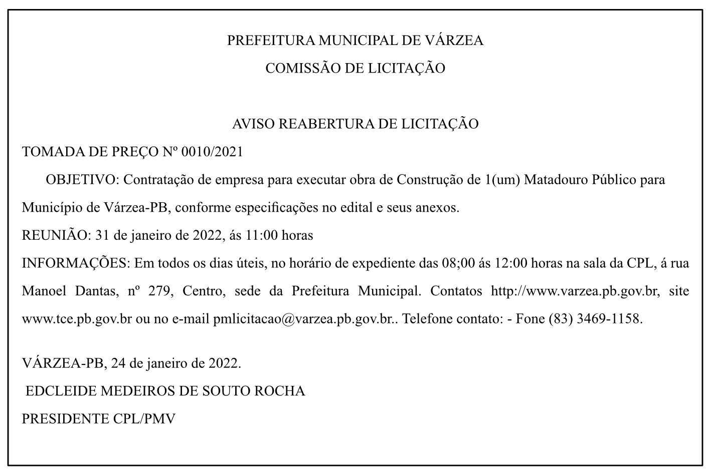 PREFEITURA MUNICIPAL DE VÁRZEA – AVISO REABERTURA DE LICITAÇÃO – TOMADA DE PREÇO Nº 0010/2021