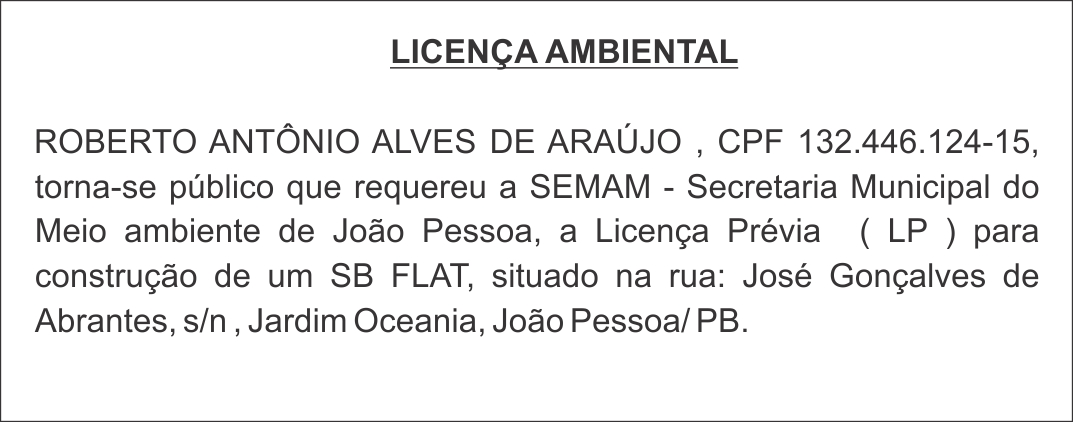 ROBERTO ANTÔNIO ALVES DE ARAÚJO  – LICENÇA AMBIENTAL