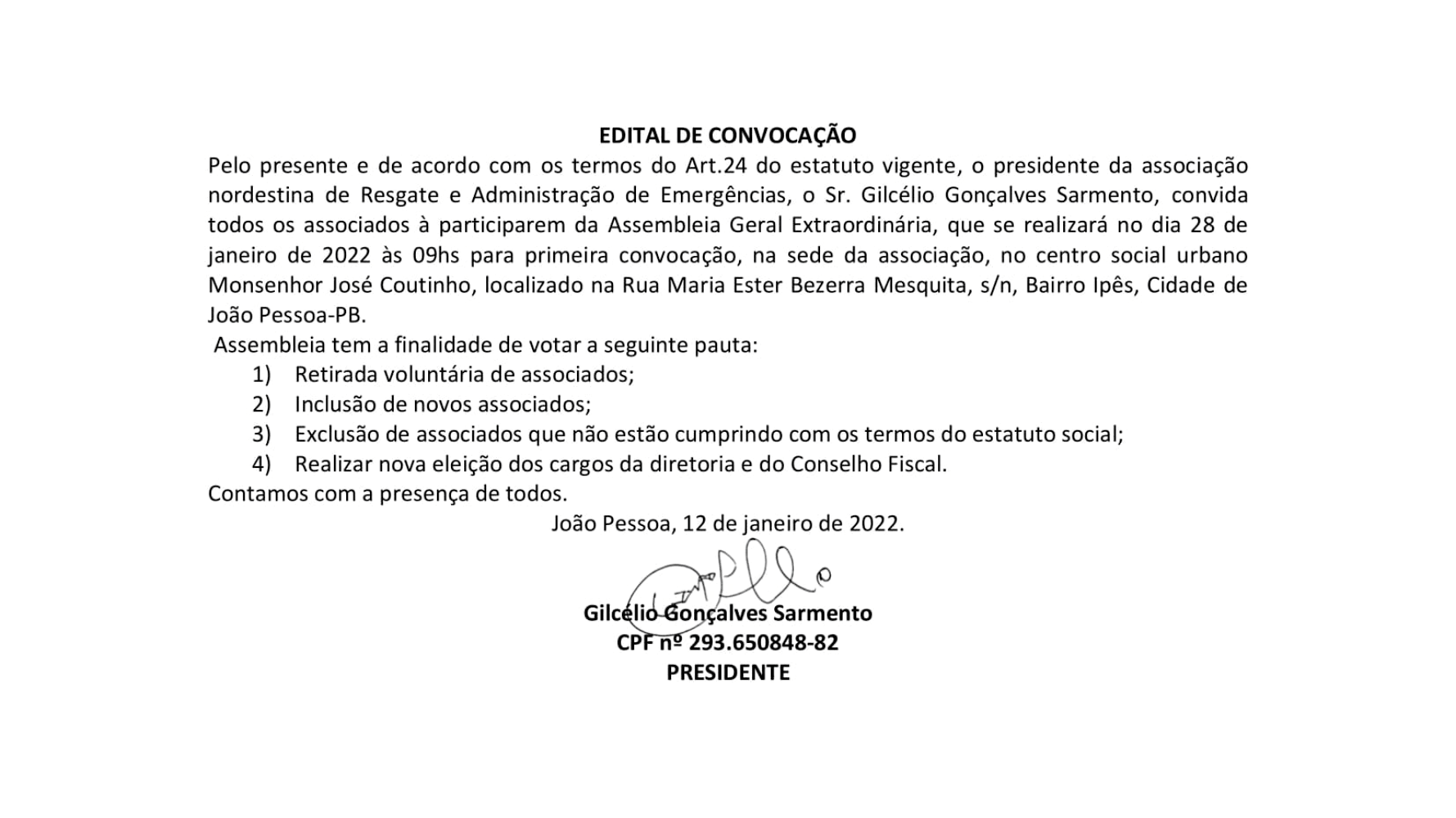 Associação Nordestina de Resgate e Administração de Emergências – Edital de Convocação