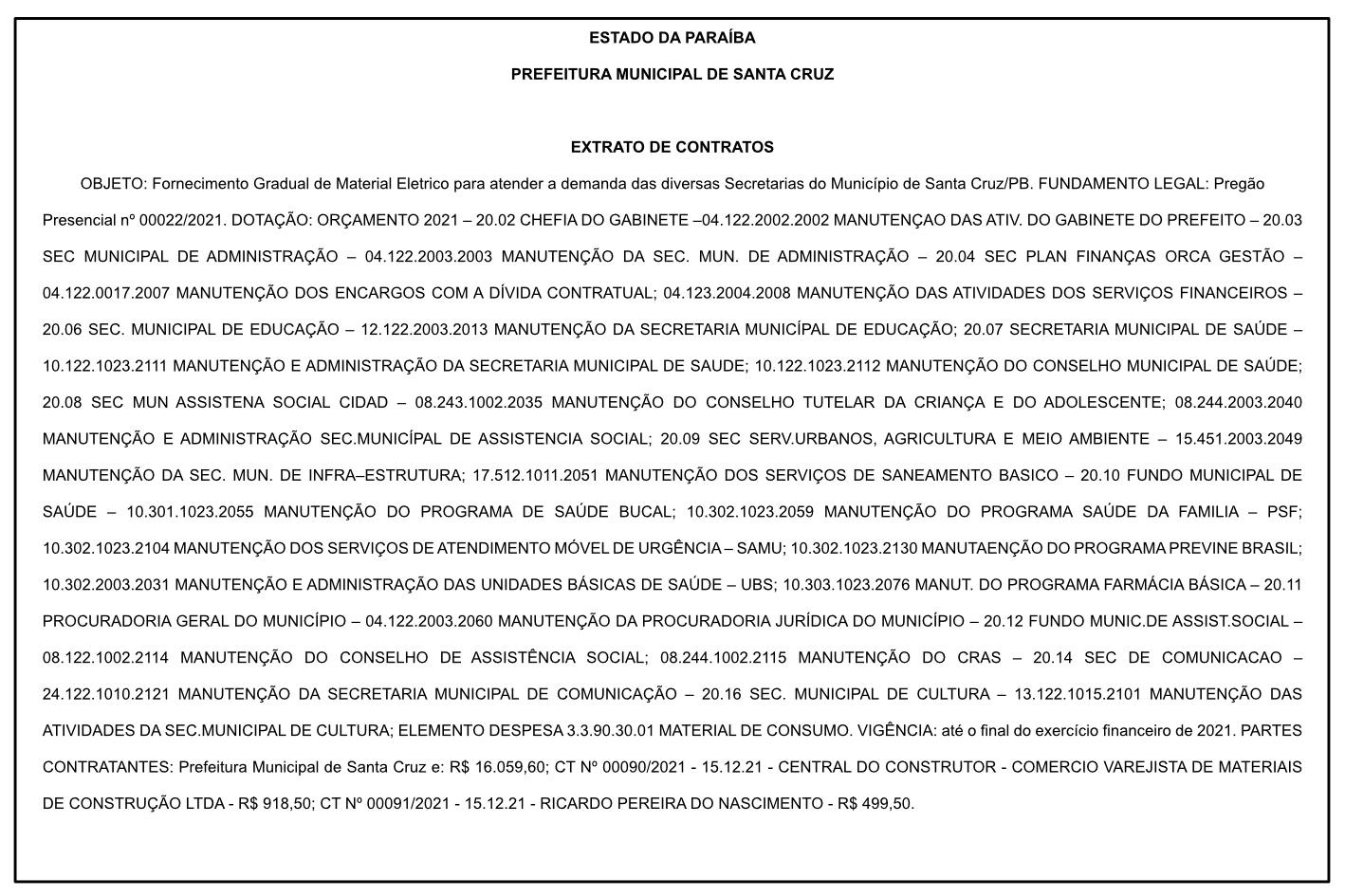 PREFEITURA MUNICIPAL DE SANTA CRUZ – EXTRATO DE CONTRATOS