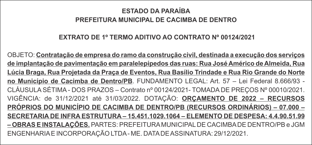 PREFEITURA MUNICIPAL DE CACIMBA DE DENTRO – EXTRATO DE 1º TERMO ADITIVO AO CONTRATO Nº 00124/2021