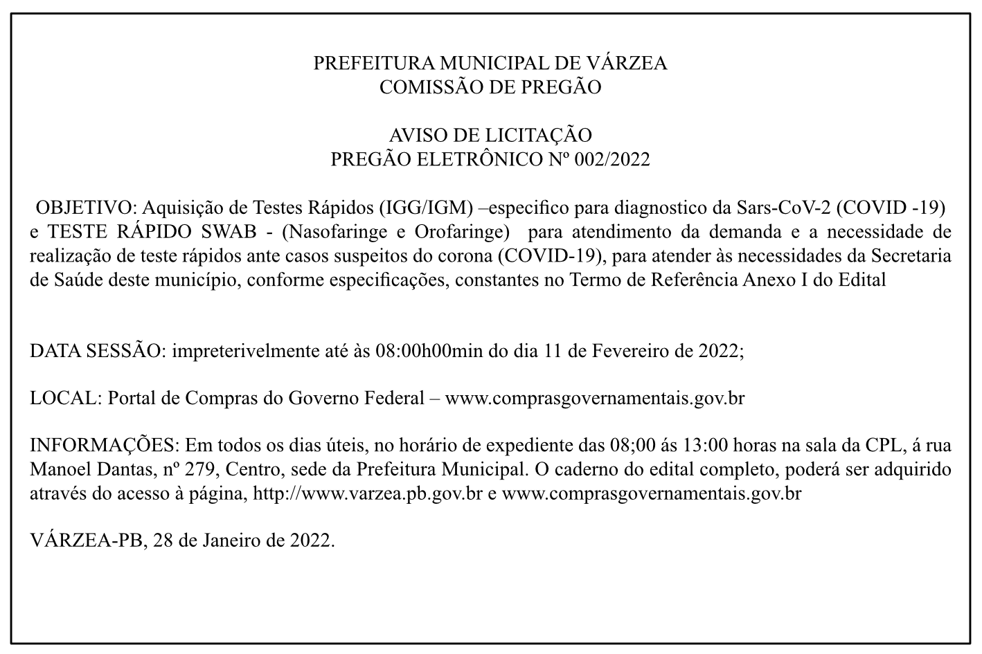 PREFEITURA MUNICIPAL DE VÁRZEA – AVISO DE LICITAÇÃO – PREGÃO ELETRÔNICO Nº 002/2022
