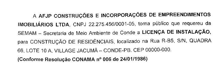 AFJP CONSTRUÇÕES E INCORPORAÇÕES DE EMPREENDIMENTOS IMOBILIÁRIOS LTDA – LICENÇA AMBIENTAL