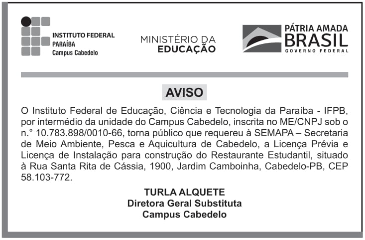 IFPB – PB – AVISO – REQUERIMENTO DE LICENÇA AMBIENTAL (construção do Restaurante Estudantil)