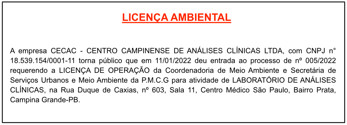 CECAC – CENTRO CAMPINENSE DE ANÁLISES CLÍNICAS LTDA – LICENÇA AMBIENTAL