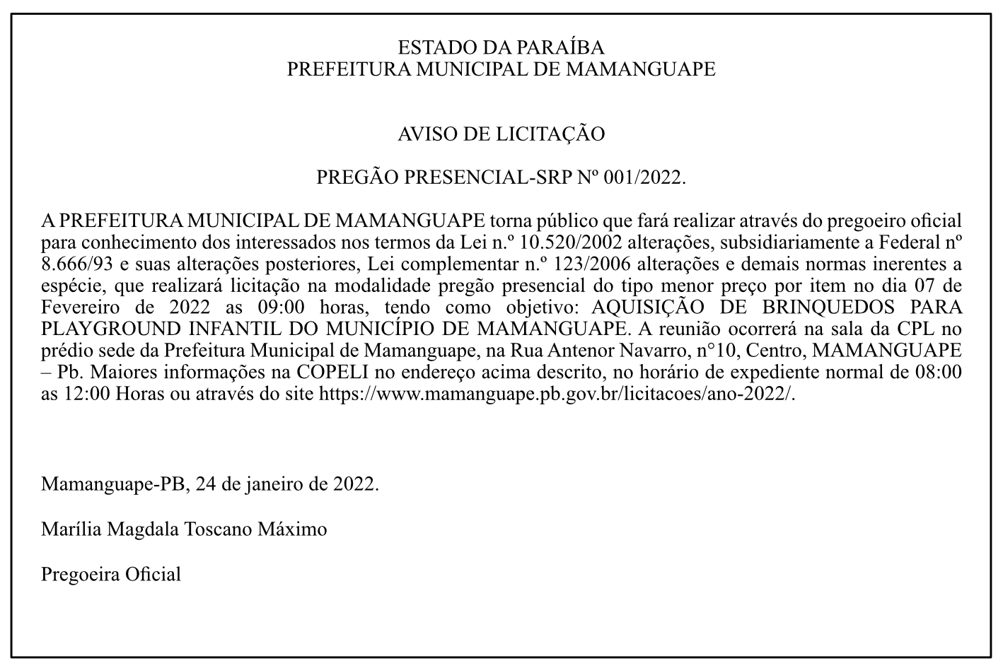 PREFEITURA MUNICIPAL DE MAMANGUAPE – AVISO DE LICITAÇÃO  – PREGÃO PRESENCIAL-SRP Nº 001/2022.