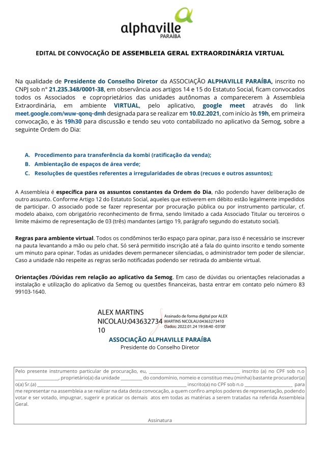 ASSOCIAÇÃO ALPHAVILLE PARAÍBA – EDITAL DE CONVOCAÇÃO DE ASSEMBLEIA GERAL EXTRAORDINÁRIA VIRTUAL