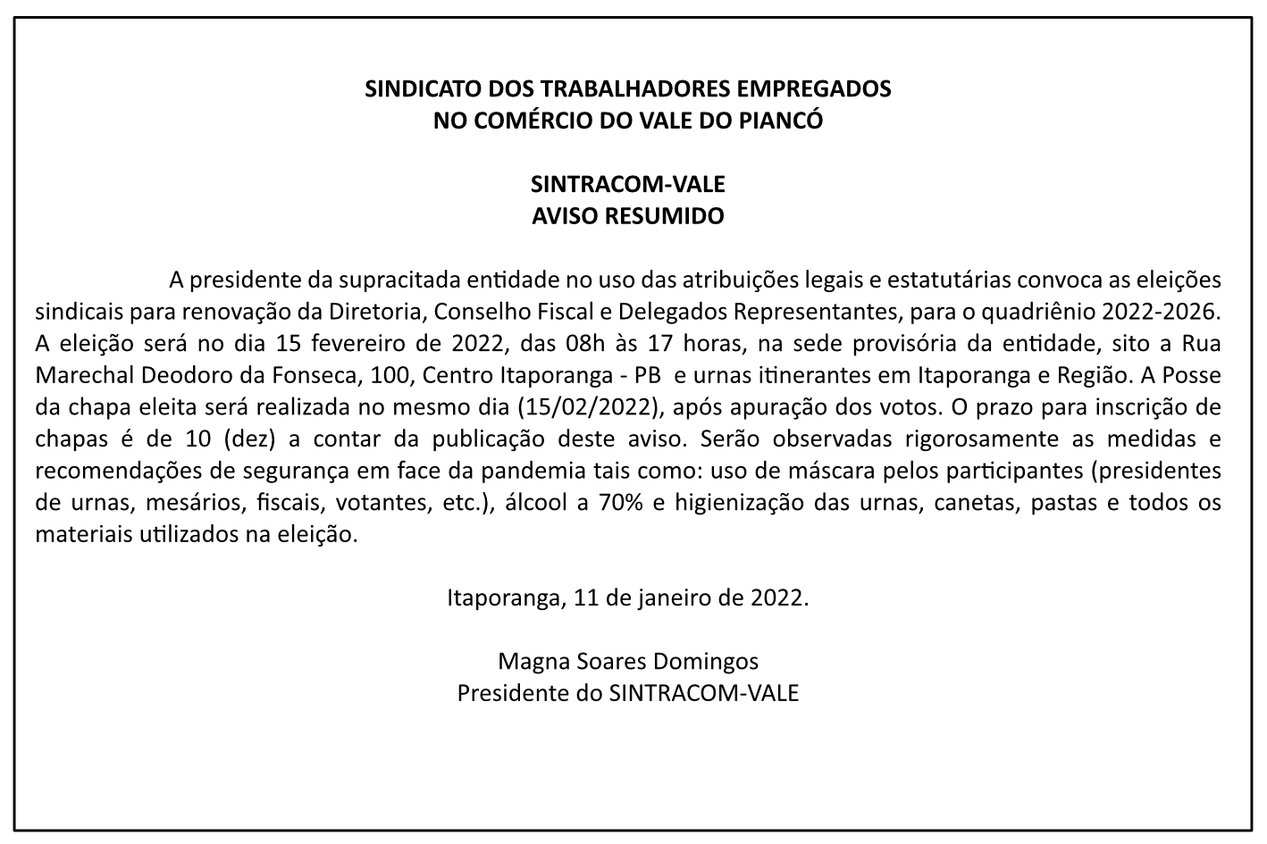 SINTRACOM-VALE – AVISO RESUMIDO – EDITAL DE CONVOCAÇÃO
