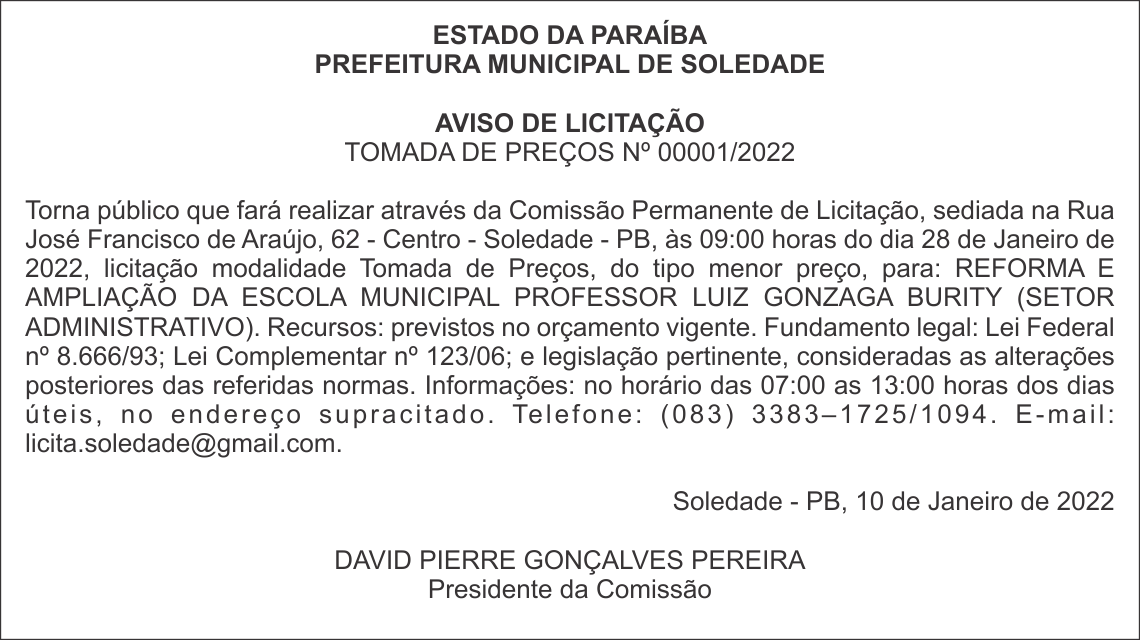 PREFEITURA MUNICIPAL DE SOLEDADE  – AVISO DE LICITAÇÃO – TOMADA DE PREÇOS Nº 00001/2022
