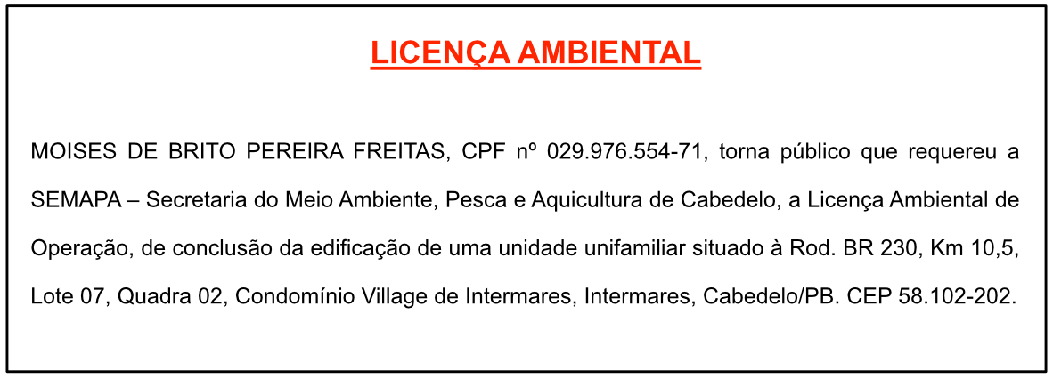 MOISES DE BRITO PEREIRA FREITAS – LICENÇA AMBIENTAL
