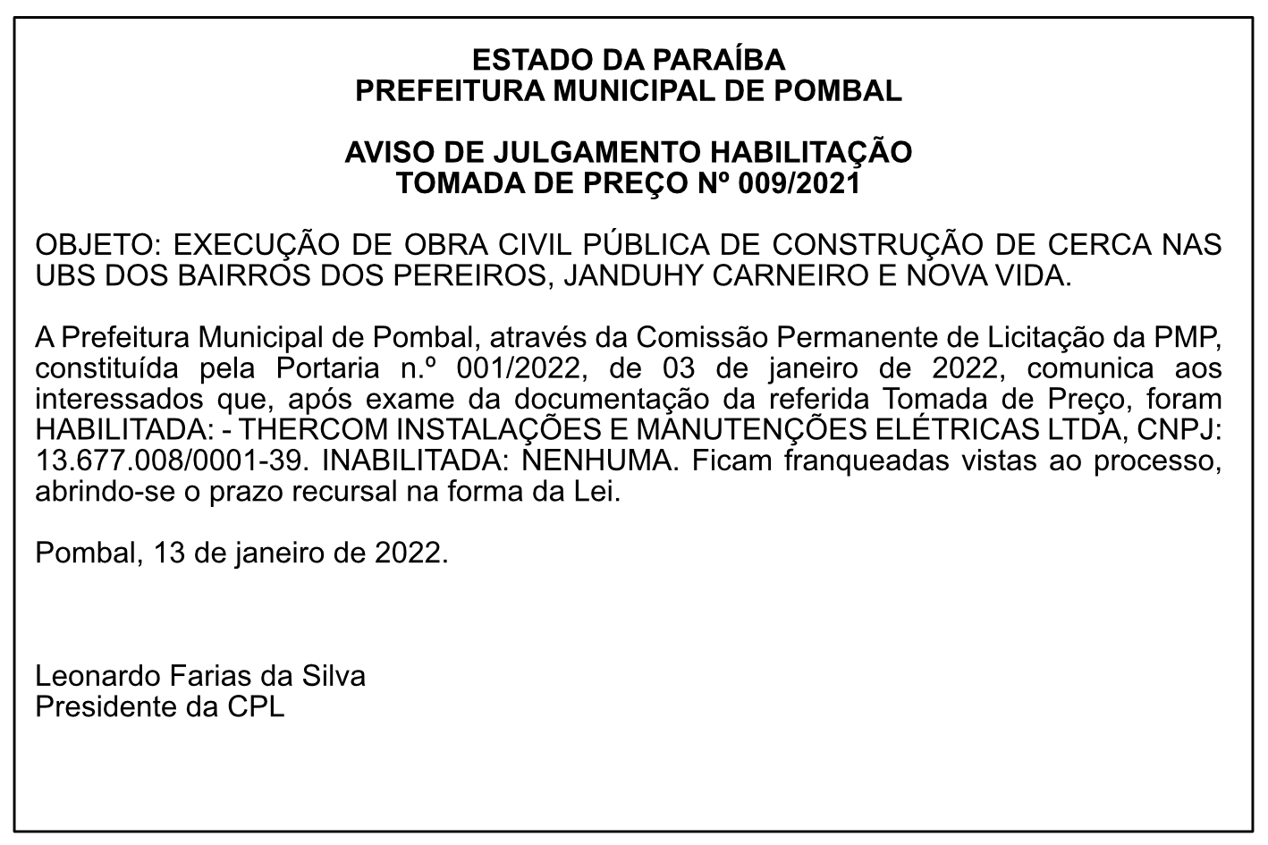 PREFEITURA MUNICIPAL DE POMBAL – AVISO DE JULGAMENTO HABILITAÇÃO – TOMADA DE PREÇO Nº 009/2021