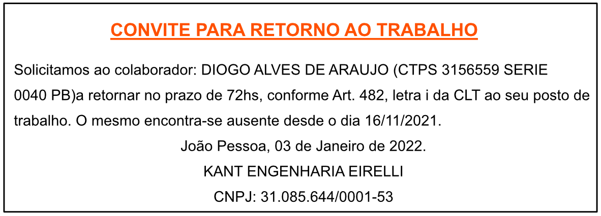 CONVITE PARA RETORNO AO TRABALHO