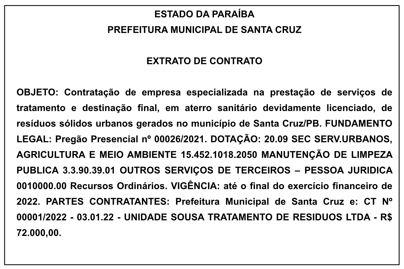 PREFEITURA MUNICIPAL DE SANTA CRUZ  – EXTRATO DE CONTRATO