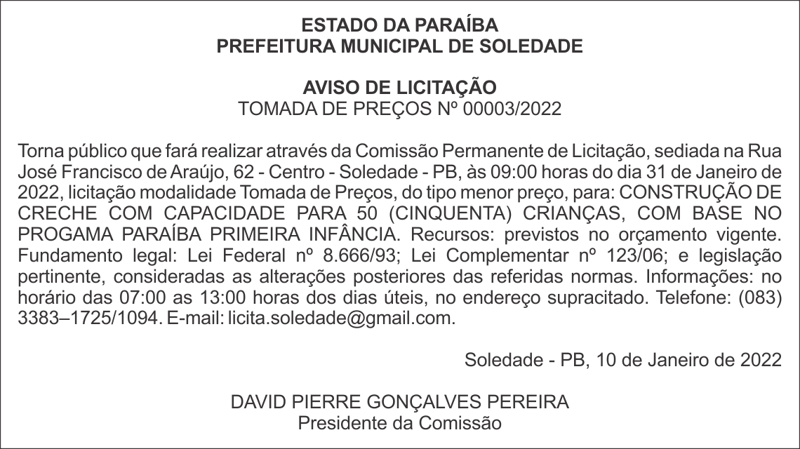 PREFEITURA MUNICIPAL DE SOLEDADE – AVISO DE LICITAÇÃO – TOMADA DE PREÇOS Nº 00003/2022